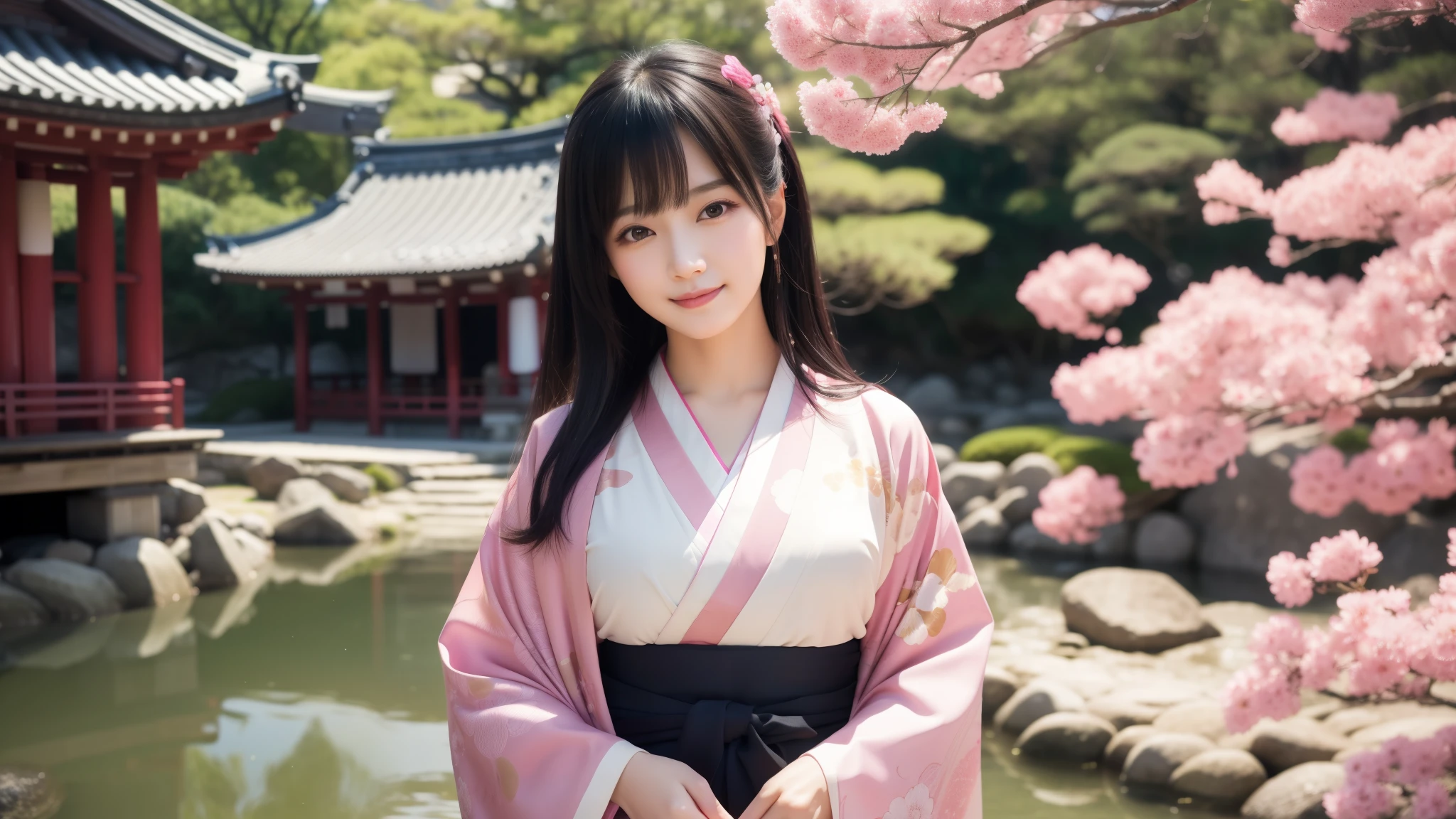 Pink base, smile, 最high quality、high quality、Best image quality、8k、最High resolution、High resolution、temple, Realistic photos, Healthy body, Beautiful Eyes, Flowing black hair, Colorful kimono, Calm expression, Soft lighting, Traditional Japanese art style, Vibrant colors, Peaceful atmosphere, Delicate features, Graceful posture, Beautiful Landscape