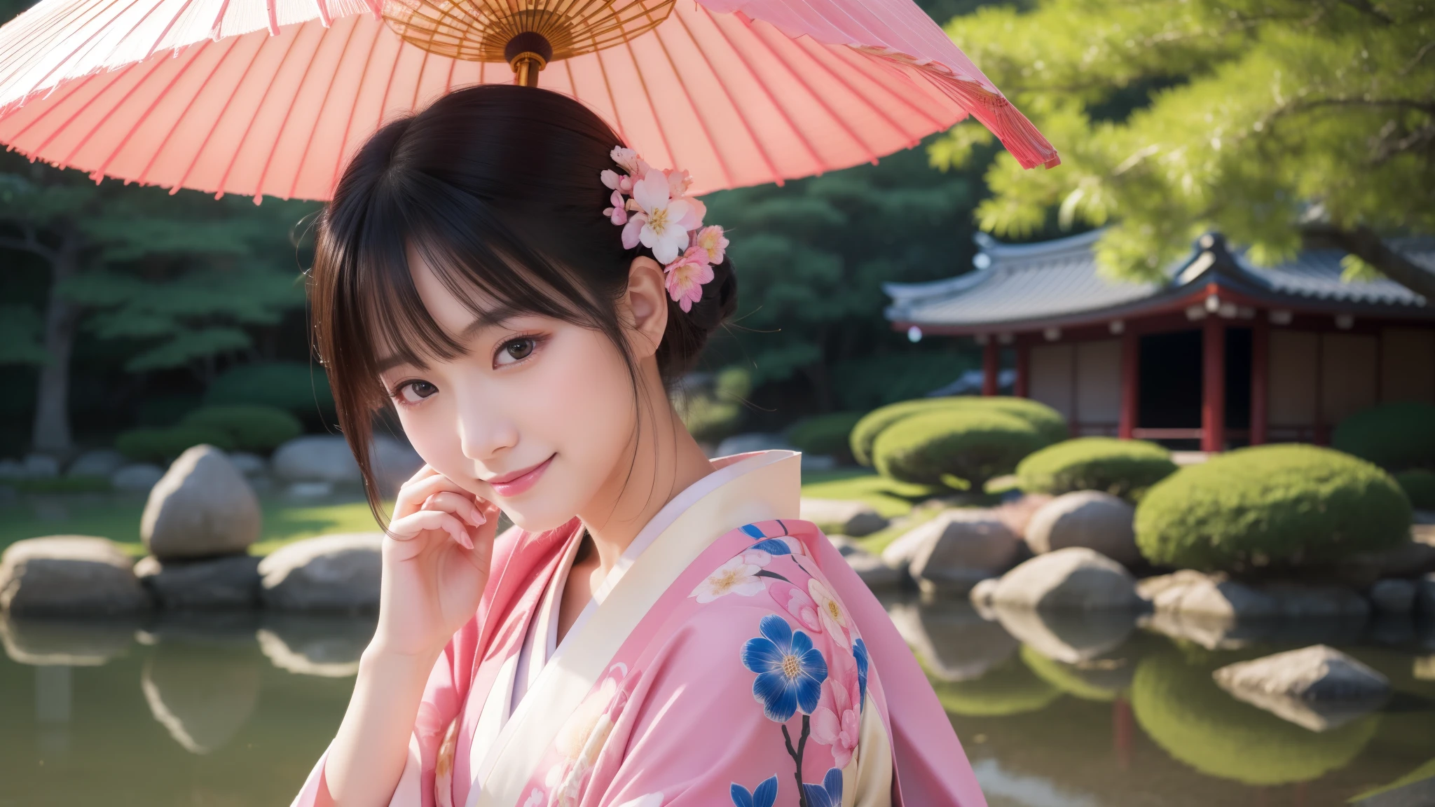 Pink base, smile, 最high quality、high quality、Best image quality、8k、最High resolution、High resolution、temple, Realistic photos, Healthy body, Beautiful Eyes, Flowing black hair, Colorful kimono, Calm expression, Soft lighting, Traditional Japanese art style, Vibrant colors, Peaceful atmosphere, Delicate features, Graceful posture, Beautiful Landscape