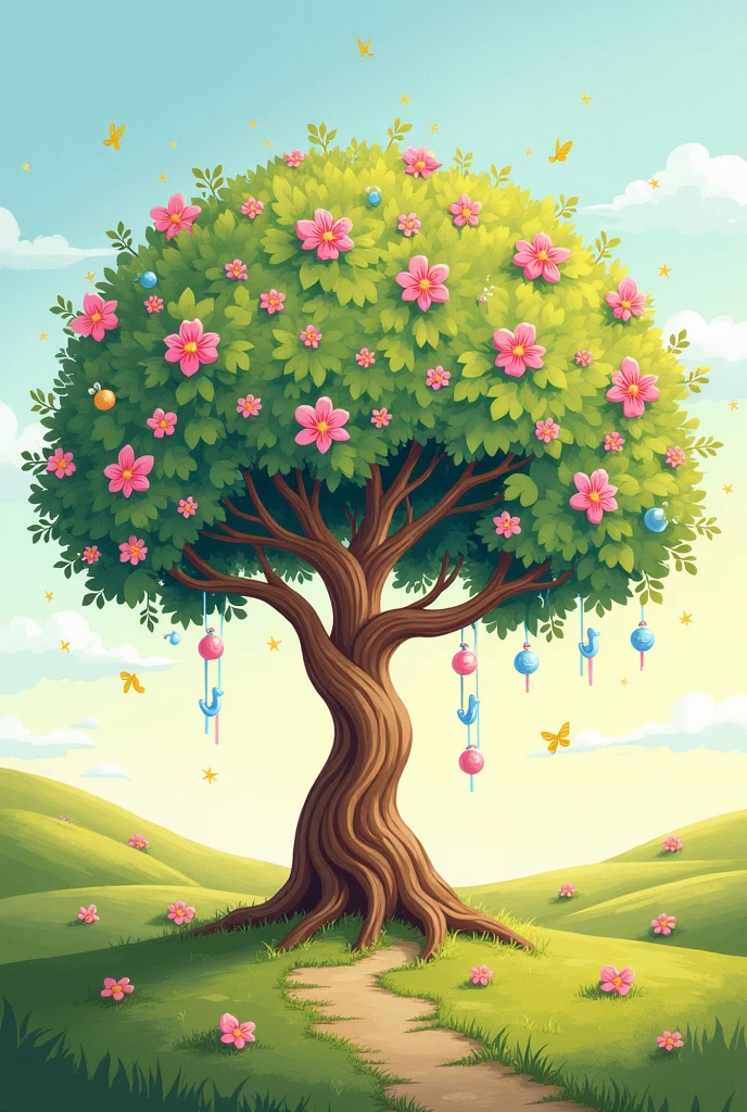 Stylized gender reveal tree, drawing style