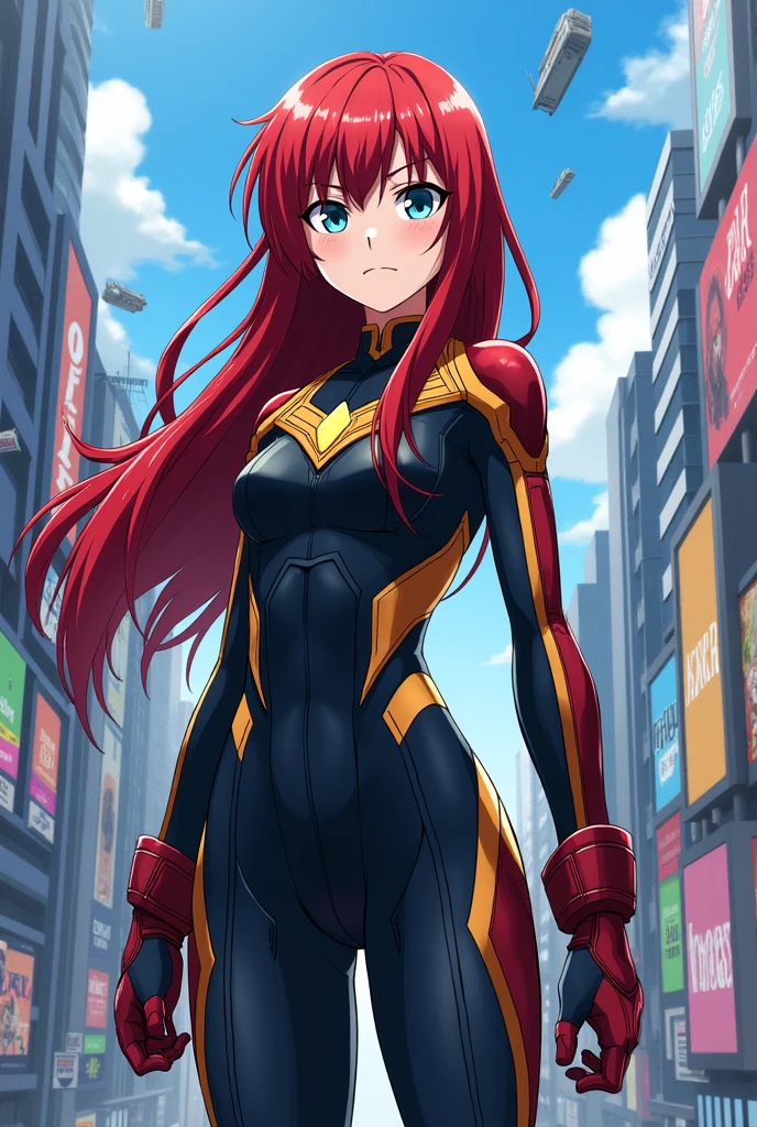 Create an oc, with long dark red hair, Very light blue eyes, in uniform and with a serious expression, Boku no Hero Academia