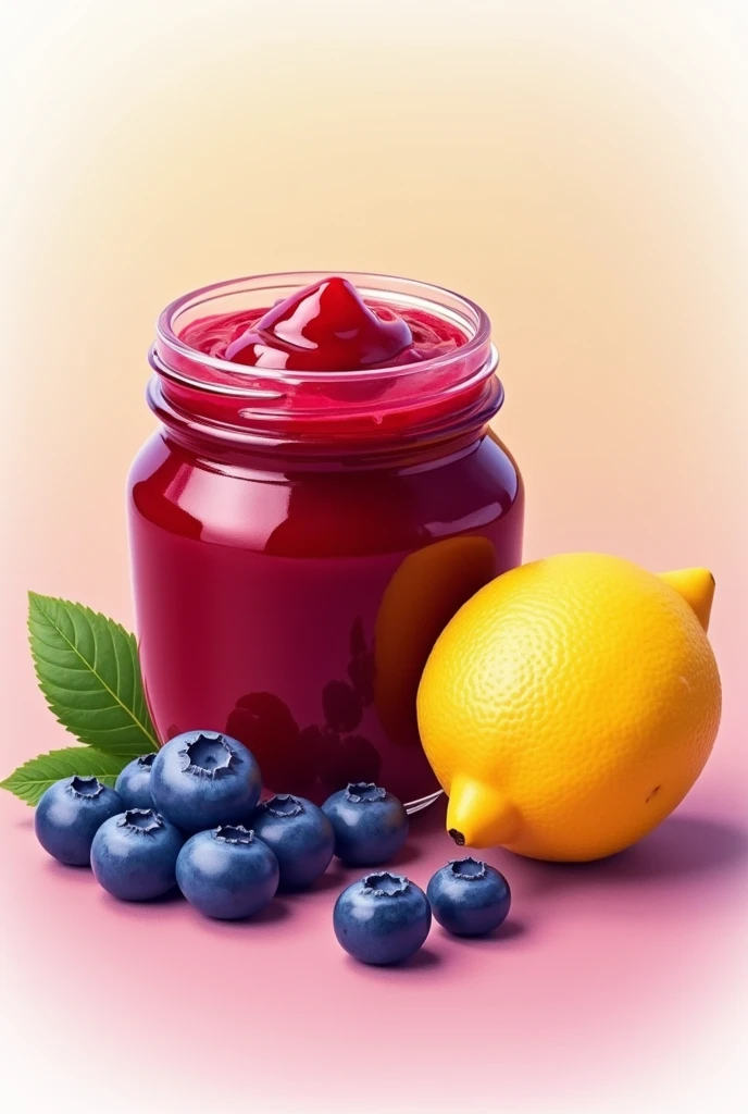 Make me a logo without text of red jam that is accompanied by a lemon and a blueberry