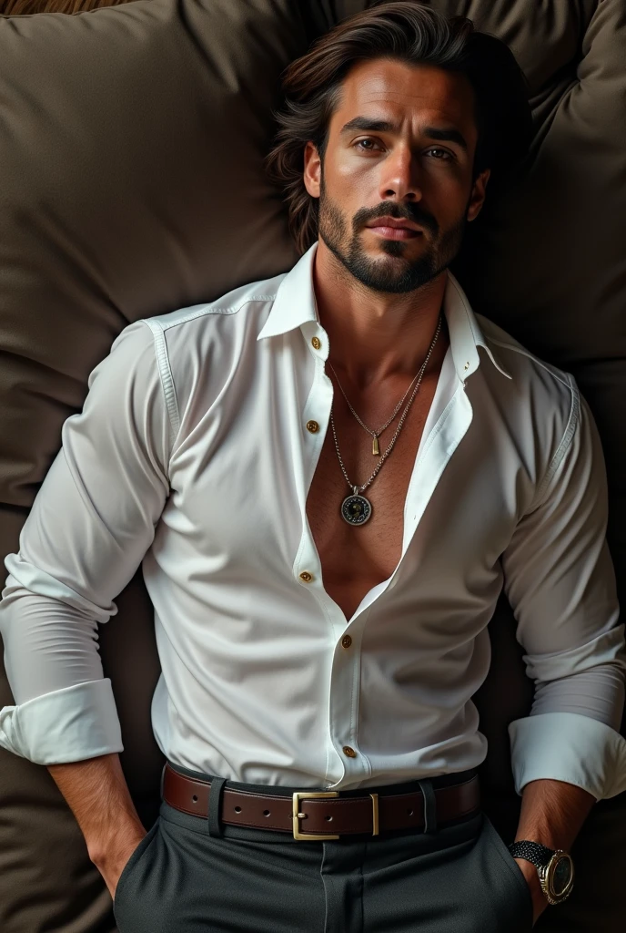 Mexican man(Latin), 50 years old, wild brown hair, Handsome and elegant, clean face, Wearing a  transparent shirt, sexy , Masculine and handsome, muscles, Muscles look good, with fair skin, Full body photo,(ultra-detailed, photorealistic, best quality, 4k, 8k, highres, masterpiece:1.3), charming  , (muscular build body), wearing tailored shiny dress shirt, with the top button casually undone, perfectly fitted charcoal trousers, sweat, unbutton buttons shirt, lewd face ,tight chest, sex, erotic, horny,  Accessories include a luxury wristwatch , in crowded places, looking at viewer, muscle veins, sexy posing, lying on the ground, top view, Wet shirt reveals muscles,