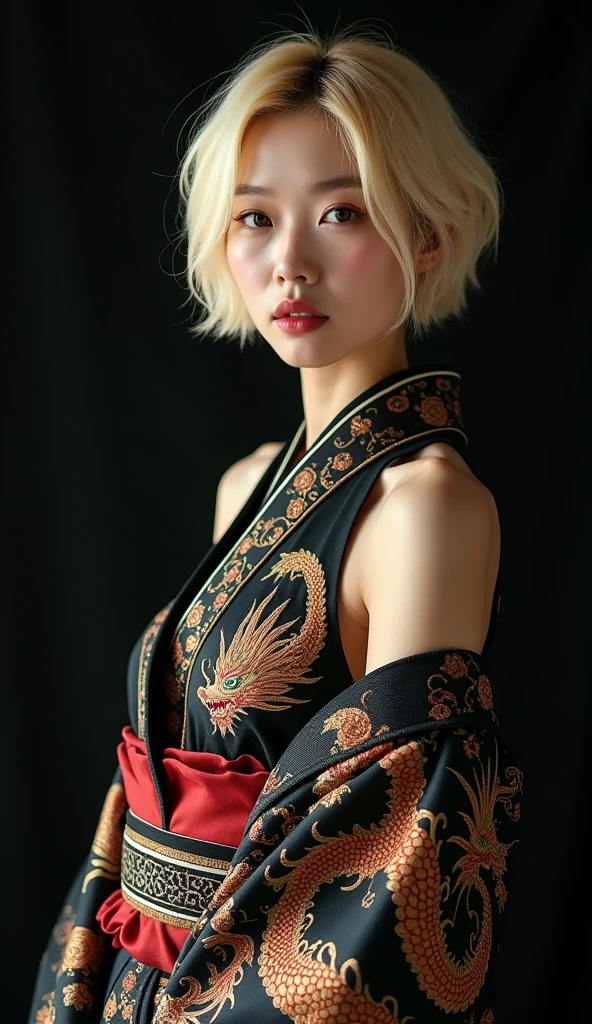 (masterpiece:1.2), Super detailed, Ultra-high resolution, (Realistic, photo Realistic:1.37), High-definition RAW color photos, Professional photos, Very delicate and beautiful, Very detailed, 8k wallpaper, wonderful, In detail, Large file size, Very detailed beautiful girl, Very detailed face, Very detailed eyes, Very detailed skin, Very detailed fingers, Very detailed nose, Very detailed mouth, Perfect Anatomy, Very detailed背景, (Famous Japanese actresses:1.2), Blonde, Short Hair, (Improve:1.1), (Flat Chest:1.1), Dynamic Lighting, (steampunk:1.45), whole body, (Kimono with dragon embroidery:1.3), Cowboy Shot, Black background, Exposing shoulders,