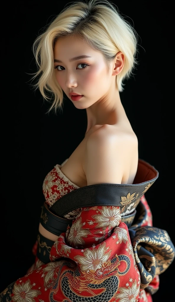(masterpiece:1.2), Super detailed, Ultra-high resolution, (Realistic, photo Realistic:1.37), High-definition RAW color photos, Professional photos, Very delicate and beautiful, Very detailed, 8k wallpaper, wonderful, In detail, Large file size, Very detailed beautiful girl, Very detailed face, Very detailed eyes, Very detailed skin, Very detailed fingers, Very detailed nose, Very detailed mouth, Perfect Anatomy, Very detailed背景, (Famous Japanese actresses:1.2), Blonde, Short Hair, (Improve:1.1), (Flat Chest:1.1), Dynamic Lighting, (steampunk:1.45), whole body, (Kimono with dragon embroidery:1.3), Cowboy Shot, Black background, Exposing shoulders,