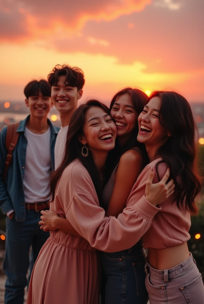 Three female friends hugging and behind them are four men who are Namjoon, Jimin, V and Suga, members of BTS, as in a photo