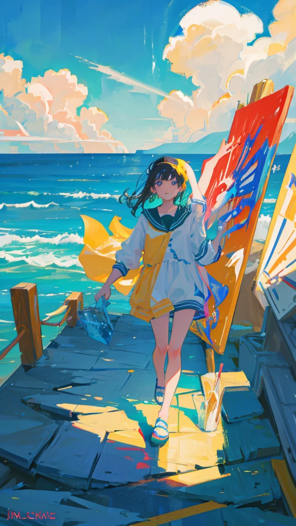 Paint a painting with the title "an inevitable crime" in front of a sea