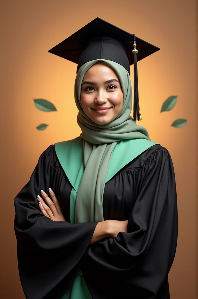 Consept art photography, fan art photography, a women, wearing hijab, wearing black graduation hat, Wearing black graduation gown, wearing pastel green graduation hood, pastel brown theme background, Standing pose, leaf effect background, university background, pastel brown lighting effect,bright results, perfect pose.