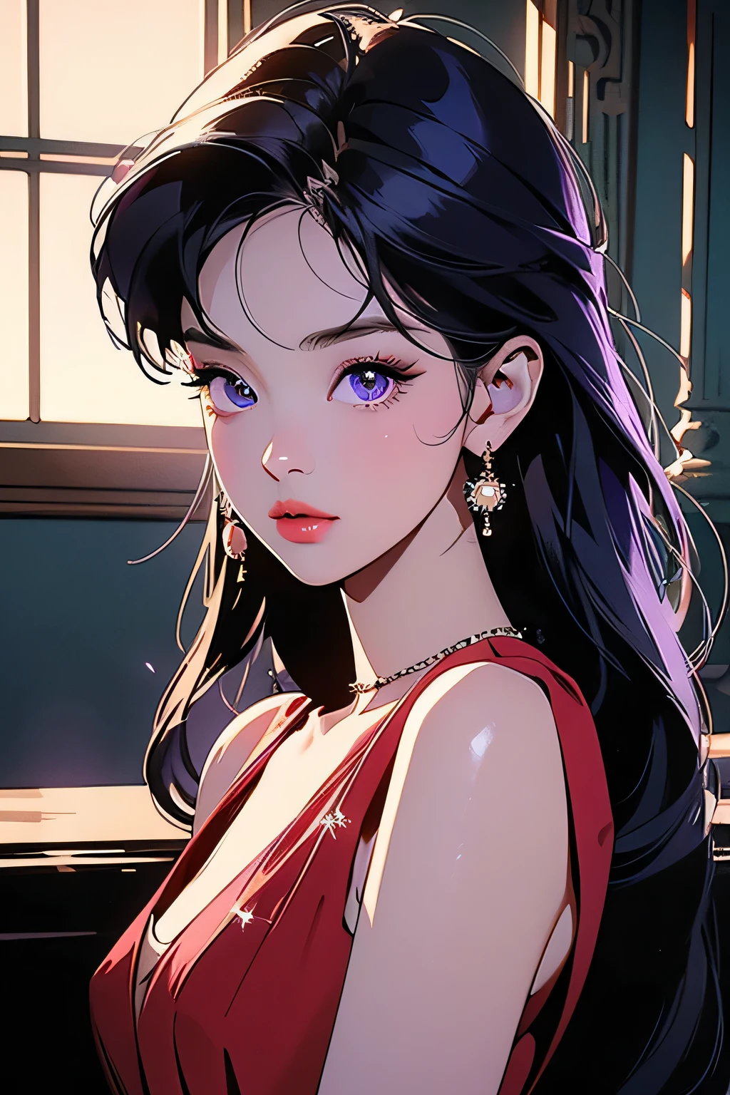 Kim jennie, a beautiful young woman with purple hair, purple eyes, wearing a red dress, star-shaped earrings, 1girl, beautiful detailed eyes, beautiful detailed lips, extremely detailed eyes and face, long eyelashes, high fashion, elegant, cinematic lighting, dramatic lighting, intricate details, photorealistic, 8k, ultra-detailed, best quality, masterpiece, vibrant colors, glowing skin, volumetric lighting, natural pose, dynamic composition, dramatic lighting, chiaroscuro, cinematic framing, moody atmosphere, elegant, glamorous