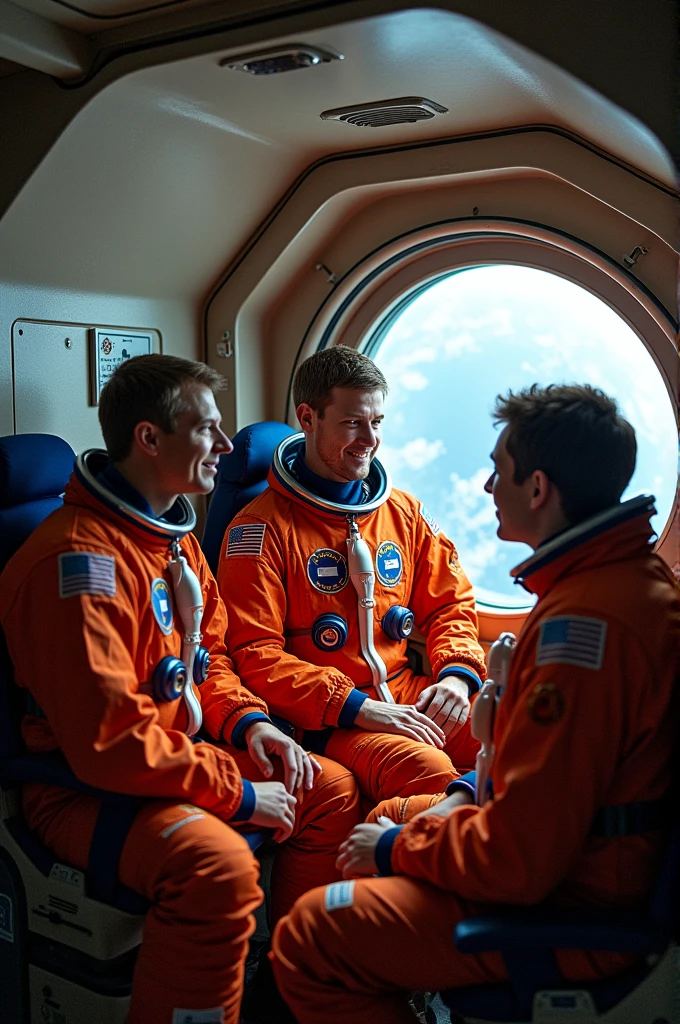 A portrait of the THREE cosmonauts inside Salyut 1, with a view of Earth outside the window