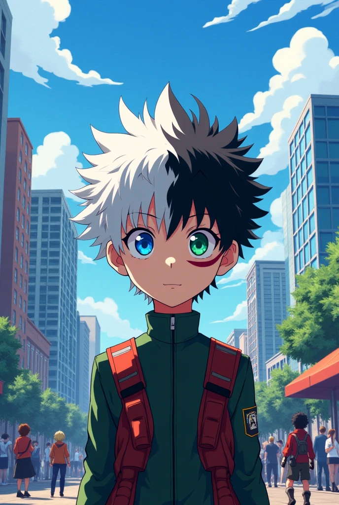 Young man with white hair with black tips, two-colored eyes, tall and a scar on his eye, anime version of my hero academia 