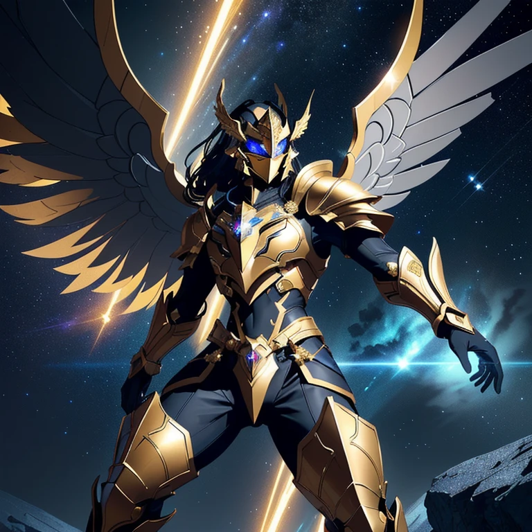 Faça um HOMEM: The image presents a golden knight in highly detailed armor, inspired by the Knights of the Zodiac, particularly the Sagittarius armor from the Omega series. The figure, a male or someone of masculine gender, is positioned facing the screen, ensuring a clear and focused view of all the intricate details, with a special emphasis on the shoulder pads.
The pauldrons are large, curving outward and upward, resembling the wings of a bird, a key feature of the Sagittarius armor. These shoulder pads have a smooth, polished golden finish, with angular lines that suggest both strength and elegance. The design of the pauldrons is unique, extending slightly beyond the shoulders in a wing-like formation, giving the knight a regal and majestic appearance, reminiscent of celestial wings.
The helmet is aerodynamic with a central crest that projects upwards, adding to the commanding presence of the knight. The visor glows softly with a blue light, integrating a high-tech, futuristic touch to the overall design. The chest piece consists of segmented golden plates arranged in a symmetrical pattern, providing both protection and an air of nobility. In the center of the chest, a gem or crystal emits a soft, mystical glow.
The arms are protected by articulated golden plates, with the gauntlets being robust yet refined, blending the futuristic elements with the classic style of the Zodiac armors. The legs are similarly armored, with segmented plates covering the thighs, knees, and shins, ending in angular boots that convey a powerful and grounded stance.
The background of the image is set against a dark cosmic scene, with rocky terrain illuminated by distant stars and nebulae. The golden armor gleams brightly against this backdrop, emphasizing its divine and powerful nature. Dynamic lighting highlights the polished surfaces, especially the wing-like shoulder pads and the glowing central gem, reinforcing the knight's mystical and imposing aura.