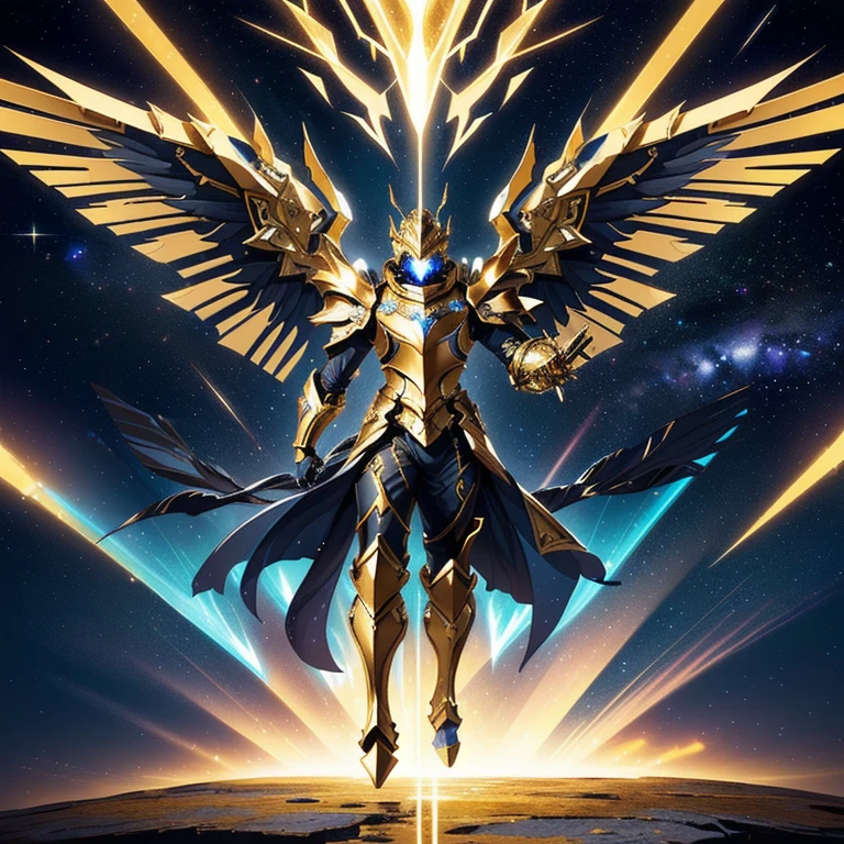 Faça um HOMEM: The image presents a golden knight in highly detailed armor, inspired by the Knights of the Zodiac, particularly the Sagittarius armor from the Omega series. The figure, a male or someone of masculine gender, is positioned facing the screen, ensuring a clear and focused view of all the intricate details, with a special emphasis on the shoulder pads.
The pauldrons are large, curving outward and upward, resembling the wings of a bird, a key feature of the Sagittarius armor. These shoulder pads have a smooth, polished golden finish, with angular lines that suggest both strength and elegance. The design of the pauldrons is unique, extending slightly beyond the shoulders in a wing-like formation, giving the knight a regal and majestic appearance, reminiscent of celestial wings.
The helmet is aerodynamic with a central crest that projects upwards, adding to the commanding presence of the knight. The visor glows softly with a blue light, integrating a high-tech, futuristic touch to the overall design. The chest piece consists of segmented golden plates arranged in a symmetrical pattern, providing both protection and an air of nobility. In the center of the chest, a gem or crystal emits a soft, mystical glow.
The arms are protected by articulated golden plates, with the gauntlets being robust yet refined, blending the futuristic elements with the classic style of the Zodiac armors. The legs are similarly armored, with segmented plates covering the thighs, knees, and shins, ending in angular boots that convey a powerful and grounded stance.
The background of the image is set against a dark cosmic scene, with rocky terrain illuminated by distant stars and nebulae. The golden armor gleams brightly against this backdrop, emphasizing its divine and powerful nature. Dynamic lighting highlights the polished surfaces, especially the wing-like shoulder pads and the glowing central gem, reinforcing the knight's mystical and imposing aura.