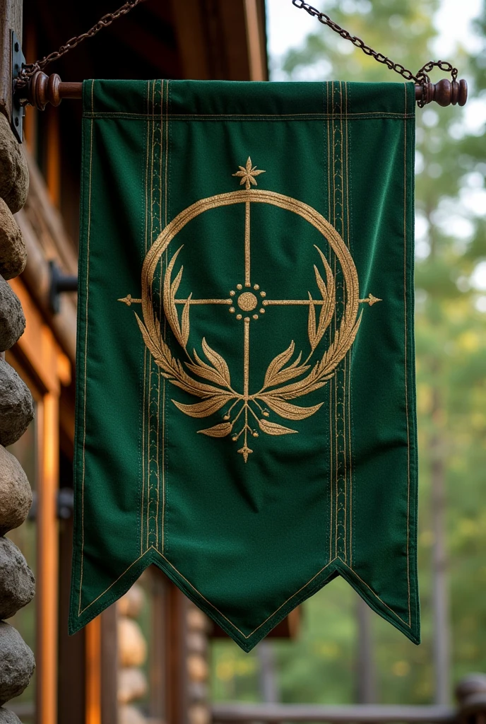 Banner for a lodge in green moire fabric containing in gold the central design of two bars or lateral lines in vertical position from left to right and in the middle of them a circle with a dot in the center
