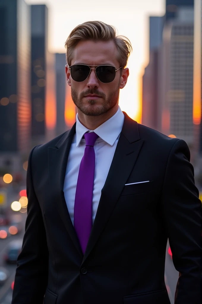 Create a blonde man wearing sunglasses, a black suit, and a purple tie.