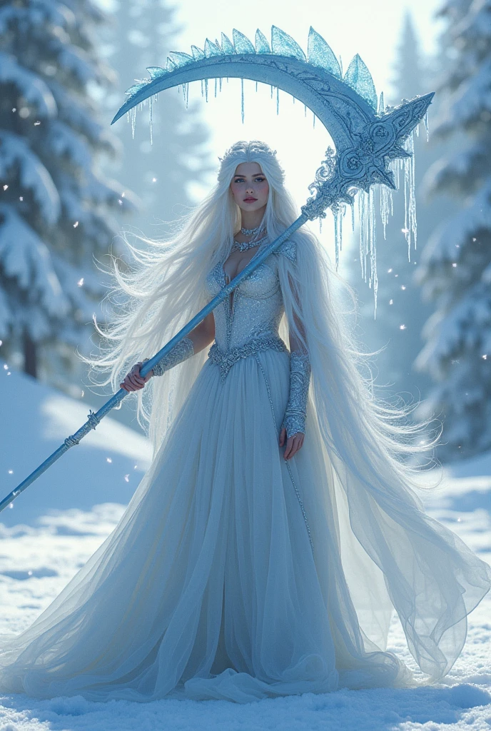 Snow Queen doing the iconic Big Smoke pose with the bat, but it's a frost scythe