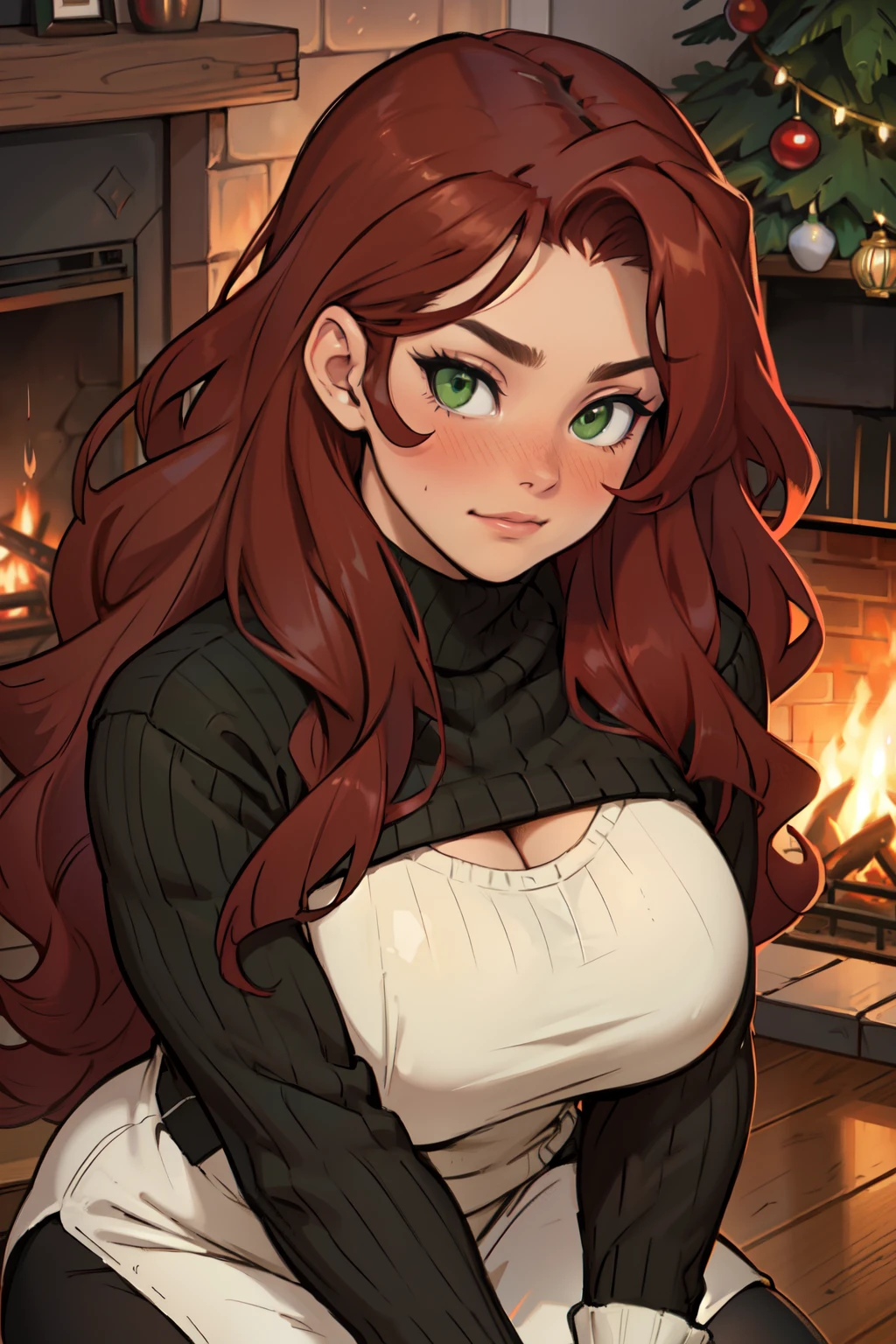 girl redhead green eyes wavy hair curly hair voluminous hair joyful cozy indoors grey sweater home warm fireplace massive breasts thick blush kneeling down from above cleavage