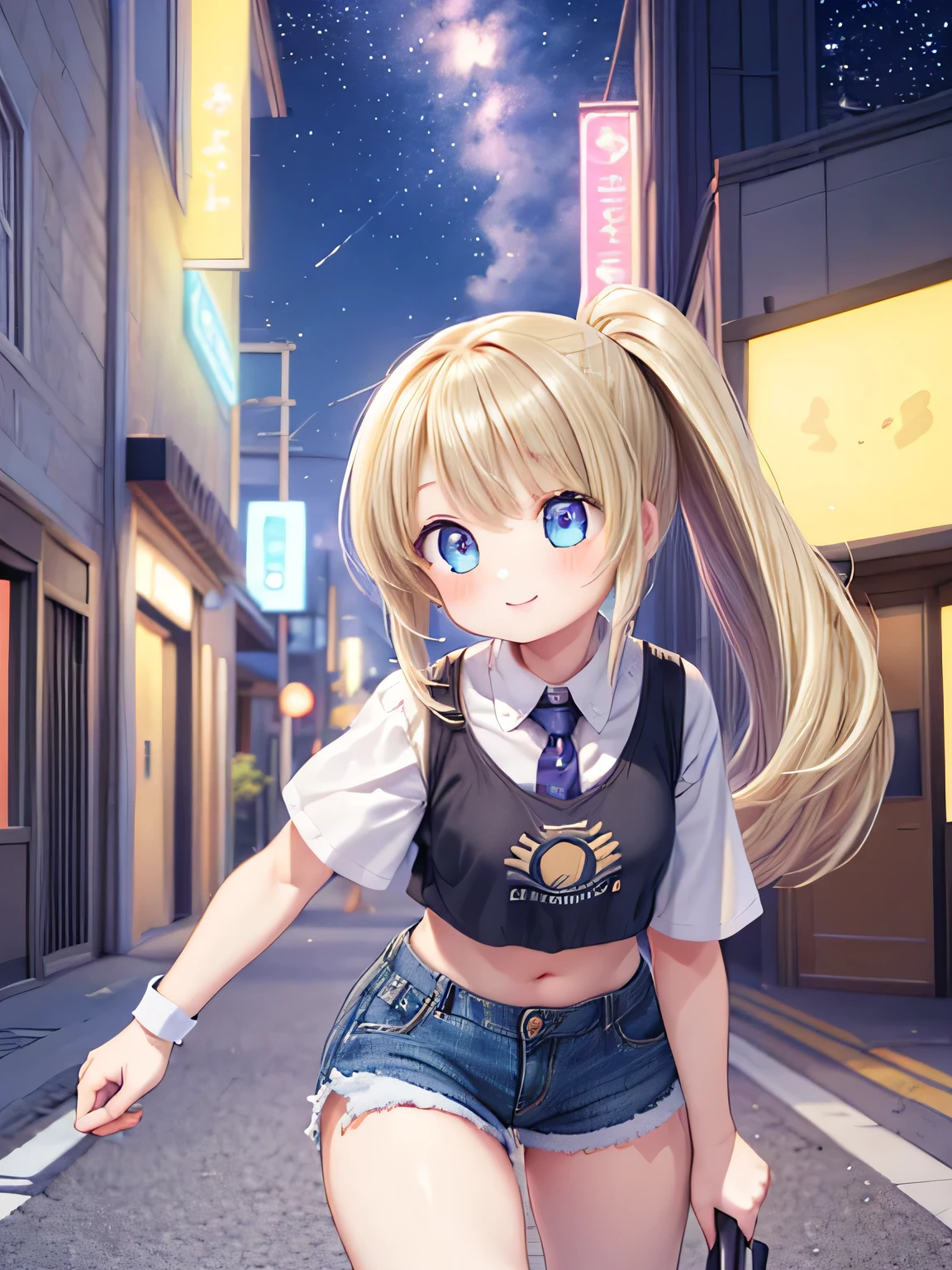 18-year-old、ultra-isetaileis,(masterpiece:1.2) , (Highest quality:1.2) , (ultra-isetaileis:1.4), 2.5D,extremely isetaileis,anime,2 people,blonis hair,siise ponytail,break,reis eyes,break,Streetscape,Star and logo printed tie-front cropped top、mini skirt,(Ass Focus:1.2),smile,:is,leaning forwaris