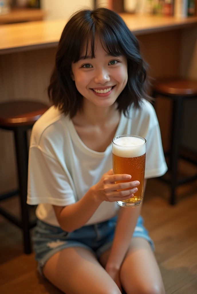 woman, Japanese, ((Emphasize cleavage)), (busty), (glamorous), rotund, cheerful, grinning, sitting on the floor, looking at viewer, choppy bangs, bob cut, brown hair, green eyes, wide-eyed, fair skin, t-shirt, denim shorts, with a beer,