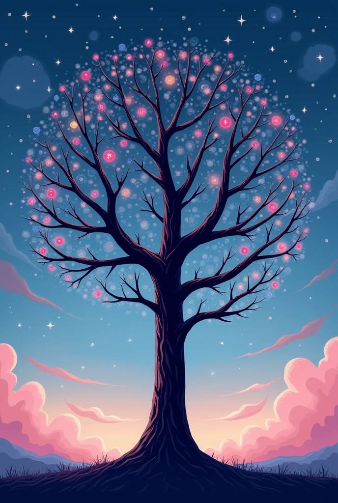 Stylized gender reveal tree, drawing style without leaves, bare trunk and branches