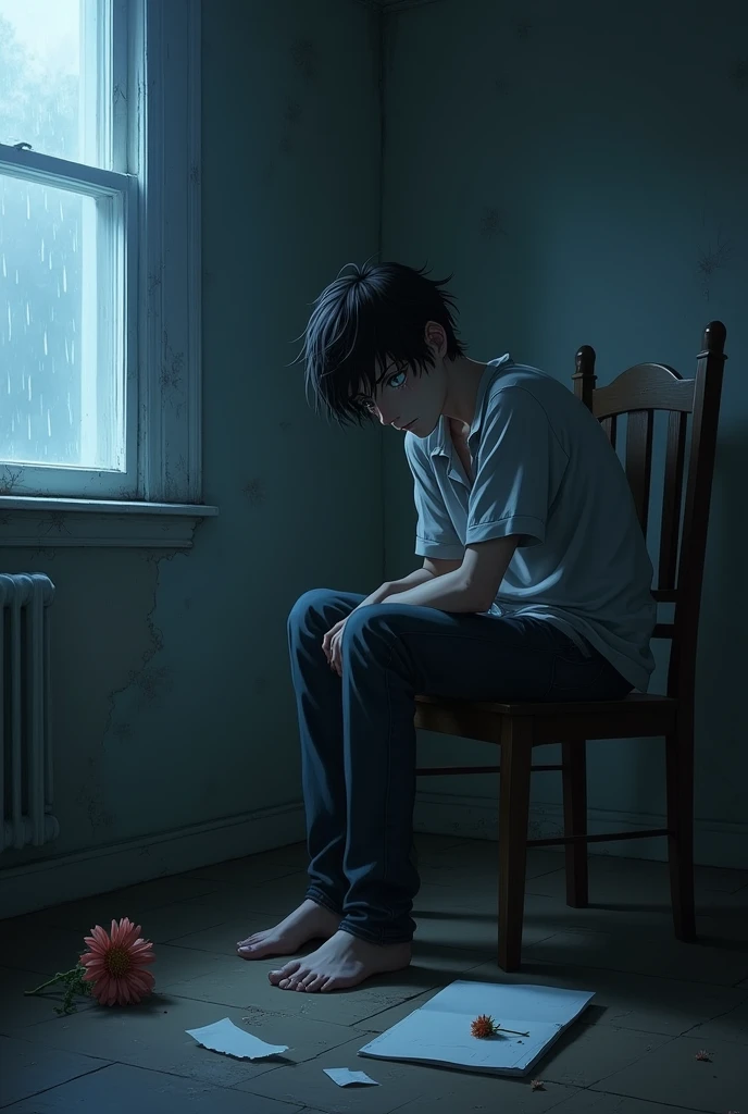 An extremely sad and lonely male anime character