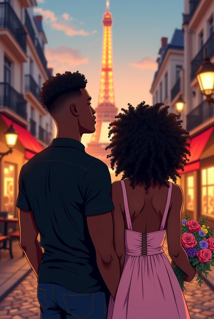 Illustration of a black couple in Paris, BACK VIEW ONLY, facing the Eiffel Tower. Man with black shirt and curly tape fade hair, and woman with a light pink short dress and voluminous curly hair to the shoulder. She holding a colorful bouquet 