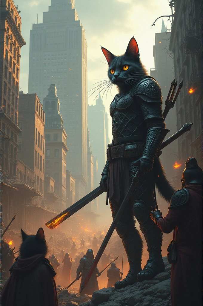 In a world where cats have evolved to become the dominators of Earth, a new era of warfare begins. The cities are divided between factions of heavily armed felines, ready to fight for supremacy. Each cat is equipped with custom armor and sophisticated weapons, from sharp-bladed swords to bows with poisoned arrows. The streets are filled with strategy and conflict, as alliances are made and broken in a matter of minutes. Describe an epic battle scene where the forces of one of the feline leaders face an unexpected invasion. What does the battlefield look like? What is the role of the feline leaders and soldiers? And what will be the outcome of this impending war?