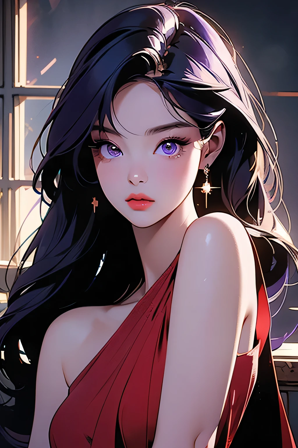 Kim jennie, a beautiful young woman with purple hair, purple eyes, wearing a red dress, star-shaped earrings, 1girl, beautiful detailed eyes, beautiful detailed lips, extremely detailed eyes and face, long eyelashes, high fashion, elegant, cinematic lighting, dramatic lighting, intricate details, photorealistic, 8k, ultra-detailed, best quality, masterpiece, vibrant colors, glowing skin, volumetric lighting, natural pose, dynamic composition, dramatic lighting, chiaroscuro, cinematic framing, moody atmosphere, elegant, glamorous