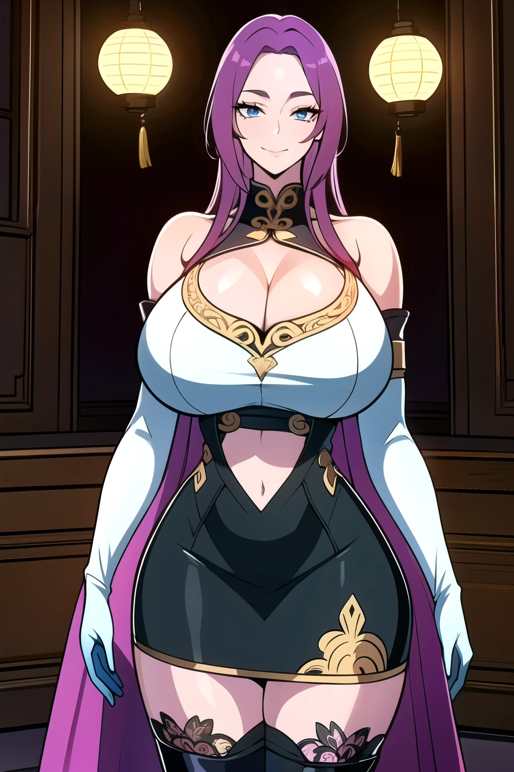 ultra realistic 8k cg, masterpiece, (( intricate detail, highly detailed, fine details best quality, hyperdetailed face)), gigantic breasts ,beautiful lighting, absurdres, BoaHancockV2, 1girl, solo, (light violet hair), long hair, jewelry, closed mouth, ), (chinese dress, cleavage, elbow gloves, thigh boots, split skirt, bare shoulders, curvy, midriff, curvy, thighs, shiny clothes), blue eyes, (complex detailed background, indoor, luxury palace), ((cowboy shot)), curvy, (gigantic breasts: 1.1), seductive smile, cowboy shot,