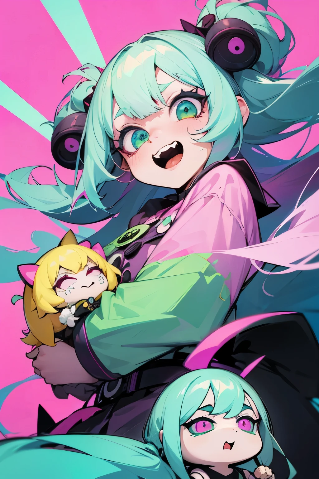 Girl, fluffy hair, cool hairstyles, pink and green, long hair, big eyes, long eyelashes, colorful green eyes, round eyes, stars in the eyes, open mouth, jagged teeth, pop, cute, Colorful, dynamic, pastel, (colorful:1), (sketch:0.3), (hyper pop:1), Jirai Kei, (realistic:1.3), Demonic, phonk, neon, creepy smile, obscure scene, dangerous, tsundere, badass, sassy, buttons, gamer, toxic, doll, plushies