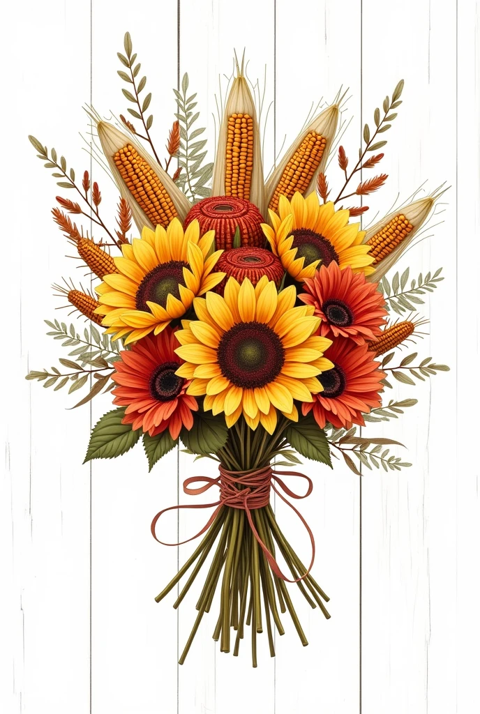 "A fall bouquet featuring sunflowers, dahlias, and corn husks, tied with a ribbon and set against a wooden background,one line,clean and minimalistic line,line drawing style, pure white background