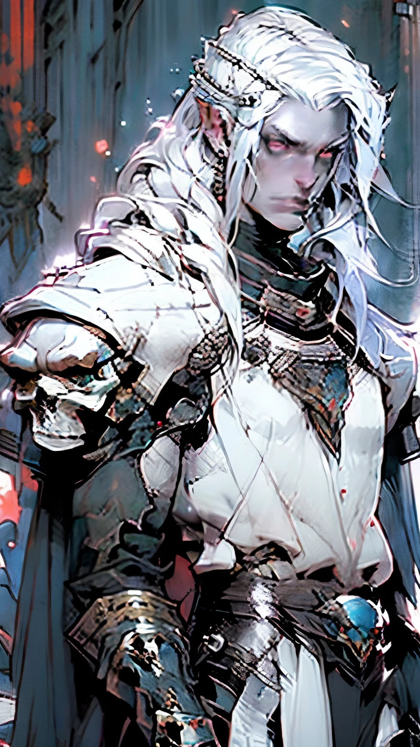 An old Male Drow Guard.
He has short, frizzy, white hair and crimson red eyes. Rugged, mature
He has silky black purple pale skin.
He stands 195 cm (6'5") tall and has a Muscular build.
He has an oblong, slightly sightly face.
He wears a fur collared cloak over his full body armor without a helmet. Fantasy, Detailed face, detailed eyes. Standing in a Throne Room surrounded by drow civilians.