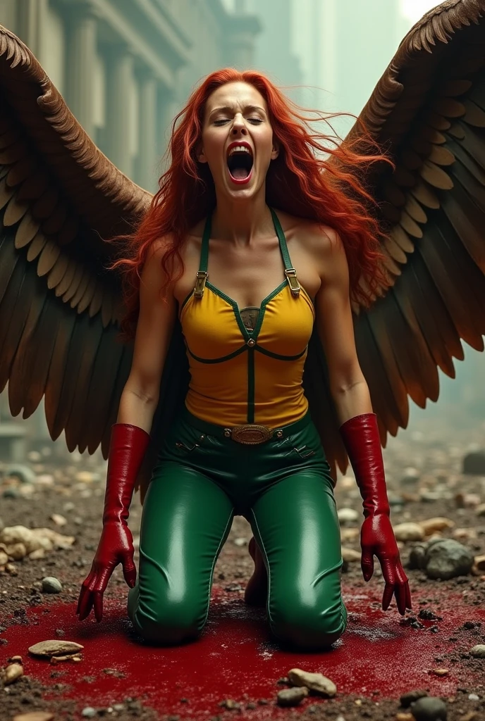 A beautiful woman Gaia Weiss under the mantle of the Thanagarian Warrior Shayera Holl aka Hawkgirl. Long red hair reaching her knees with her hands on her face screaming exhausted after a battle, blood around her. Yellow top with thick straps protruding from her neck to her waist and green leather pants, red boots, and large red gloves. Brown wings reflecting in the blood. Terrifying and bloody images. Two large wings protruding from her back. DC universe logo.