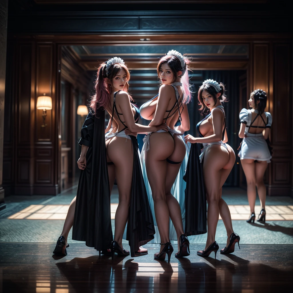 (Full Body of Extremely Detailed((Sexy Maid Group in a row:1.37))), KAWAII perfect face, Reflective Eyes, Detailed(Delicate Clothing textures), Correct Bewitching Leg Line, Dynamic Joyful Expressions LifeLike Rendering, Specular Reflection, TopQuality 8K Ultra-detailed masterpiece (ProfessionalPhoto:1.37), (Acutance:0.8), (Luminism:1.28), Renaissance art style, Colorful Light particles, ((Full body from side)), {MicroMini Skirt|Kissing Face to Face|Thigh Gap|Roundly Cute AssFocus|(NakedApron with (Overflowing Sideboob))}, Radiant Fine Skin with Transparency, {Pink Hair|LightBlue Hair|Platinum Blonde|Pure White Hair|Liquid Hair}, Perfect Lighting