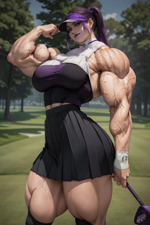 ((Close-up)), tall, (violet purple hair) beautiful muscular female golfer, long hair with long bangs, pale white skinned, large breast, closed smile, (black lipstick), (massive muscles), (hyper muscle), ((ginormous bulky muscles)), black eyes, (((violet golf top))), (((black long pleated skirt))), (thigh high socks), choker, sneakers, in a golf course,
