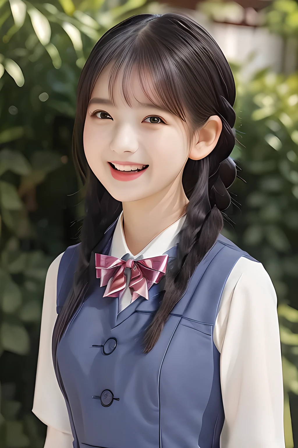 (highest quality, masterpiece, high resolution:1.2), 4K, (Photo quality detailed face: 1.2), (Giorgione painting style: 0.8), geometry, (16 yo cute girly Japanese girl with very detailed graceful cute smiling face: 1.2), Laughing cutely, (neat girly white short-sleeves school blouse: 1.0), (puffed short sleeves: 1.0), (Dark red glossy school ribbon on the breast: 1.0), (Gray Japanese school girly vest Uniform: 1.2), (Extremely laughing cheeks: 1.0), (Beautiful light-amber cute-dolly large clear laughing eyes with very detailed cutely: 1.4), (Long bottom eyelashes: 1.2), (Expressing the greatest joy with her whole body: 1.2), (Glossy lips: 1.0), (braids under her ears: 1.3), (cute earrings), (kidnapping me into the heaven as a goddess: 1.6), (white and clear skin: 1.0), (Laughing **** cute princess's eyes: 0.6), (Placing her beautiful white hands together like praying: 0.9)