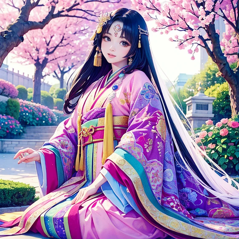 ( High resolution、 Super detailed、masterpiece、Highest quality、8k)、Heian period in Japan、(NHK Taiga Drama、To the Shining One)、Fujiwara Akiko、palace、The Empress of the Palace、Young beautiful woman、Beautiful Face、Beautiful Face、Pretty lips、(12 single coats、Light pink、Light purple、yellow、green、blue、red、White color、Colorful overlapping)、(Full Body Shot)、Long black hair、Jewel Ornament、background、garden、Colorful flowers、Vibrant colors、Detailed Anime、Detailed CG、