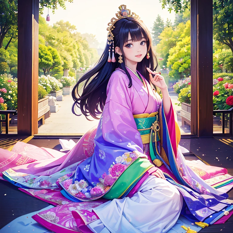 ( High resolution、 Super detailed、masterpiece、Highest quality、8k)、Heian period in Japan、(NHK Taiga Drama、To the Shining One)、Fujiwara Akiko、palace、The Empress of the Palace、Young beautiful woman、Beautiful Face、Beautiful Face、Pretty lips、(12 single coats、Light pink、Light purple、yellow、green、blue、red、White color、Colorful overlapping)、(Full Body Shot)、Long black hair、Jewel Ornament、background、garden、Colorful flowers、Vibrant colors、Detailed Anime、Detailed CG、