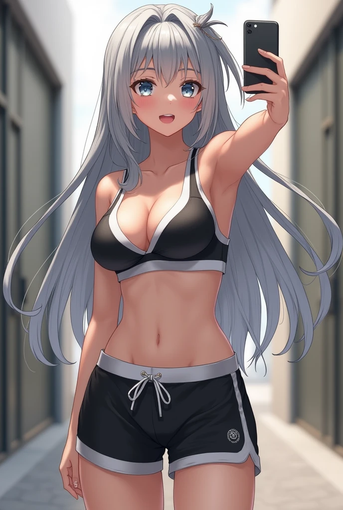 (nsfw:1.5), highly detailed, beautiful, hyper Realistic, masterpiece, best quality, (Japanese girl, Influencer girl, Selfie shot), gray hair, light color eyes, Shiny skin, Detailed face, happy, smile, white and black fashion, surreal, (too sexy sports shorts:1.3) BREAK (very slim waist:1.2), (huge breasts, cleavage, large buttocks:1.5),
