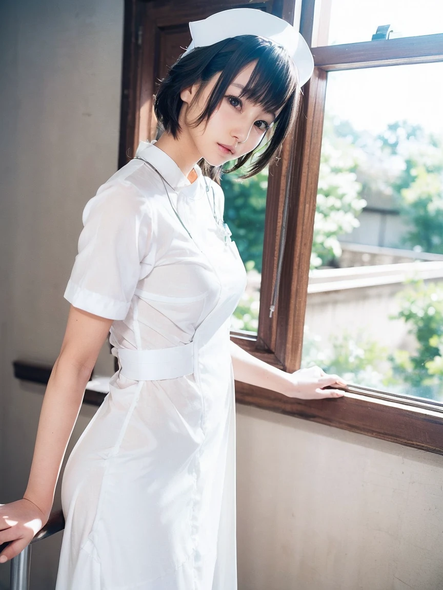 woman, alone, (Wearing white nurse clothes:1.2), (Bobcut), Shortcuts,bangs, Black Hair, nurse, Perfect Anatomy, nurse uniform, (Nurse cap), (White costume), Long skirt, hospital, Single eyelid, Face close-up, 