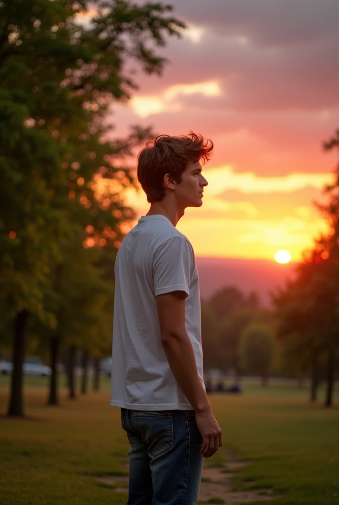 Drawing of a young man watching the sunset in a park
