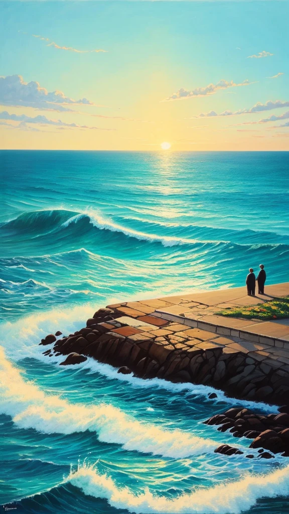 Paint a painting with the title "an inevitable crime" in front of a sea