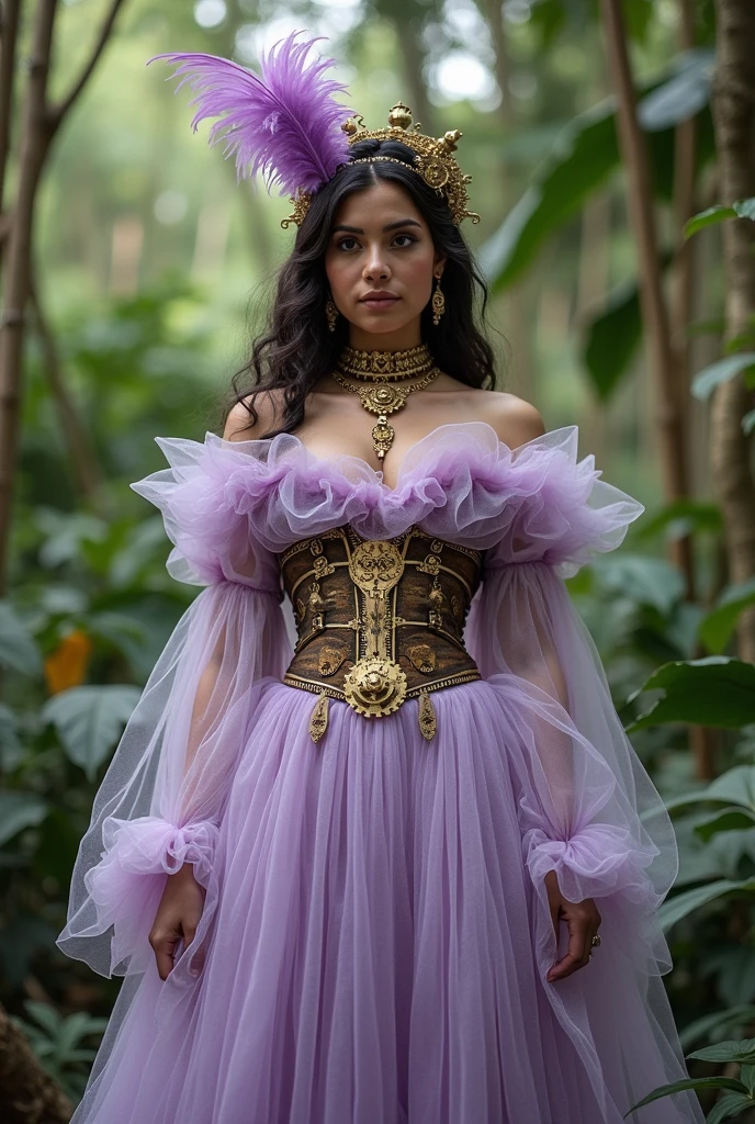 Steampunk Retrofuturistic clothing with Brazilian-Indigenous and Belle Époque influences from Belém do Pará. Lilac tulle fabric 