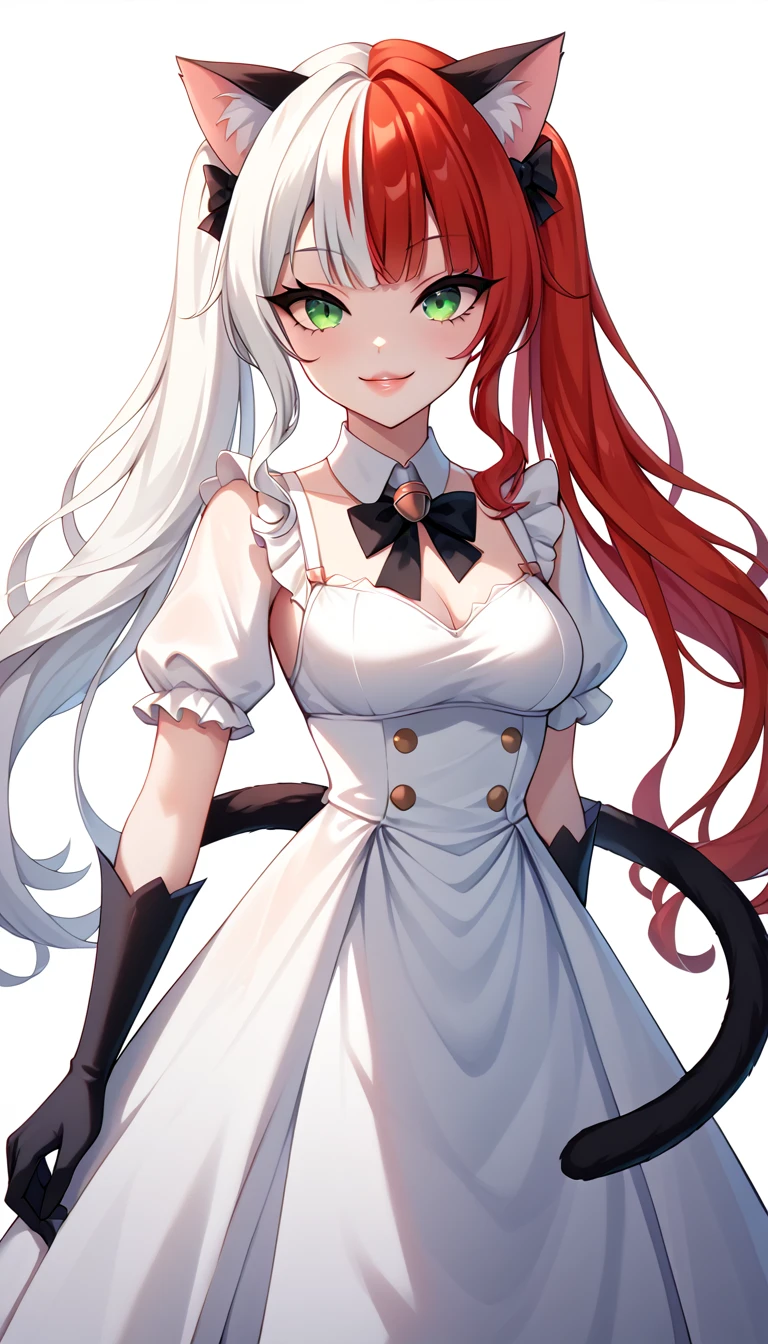 1 Girl, Medium Breasts, Dark Blue & Fire Red Hair, Two Tone Hair, Split Hair Color, Multi Color Hair, Cyan Highlights In Hair, Twintail Hair Style, Long Hair, Emerald Green Eyes, Pale Skin, Smooth Skin, Soft Features, Nice Lips, Nice Smile, Cute Face, White & Black Royal Dress, Cat Girl, Neko, Cat Ears, Cat Tail, , White & Black Gloves,