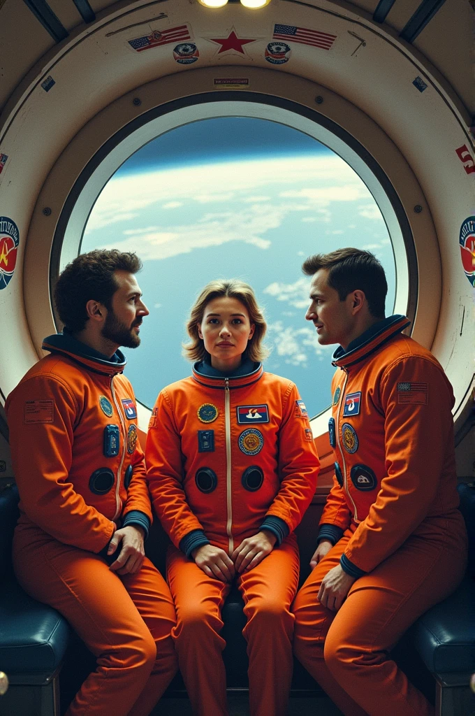 A portrait of the THREE cosmonauts inside Salyut 1, with a view of Earth outside the window, with coats of arms of the Soviet Union