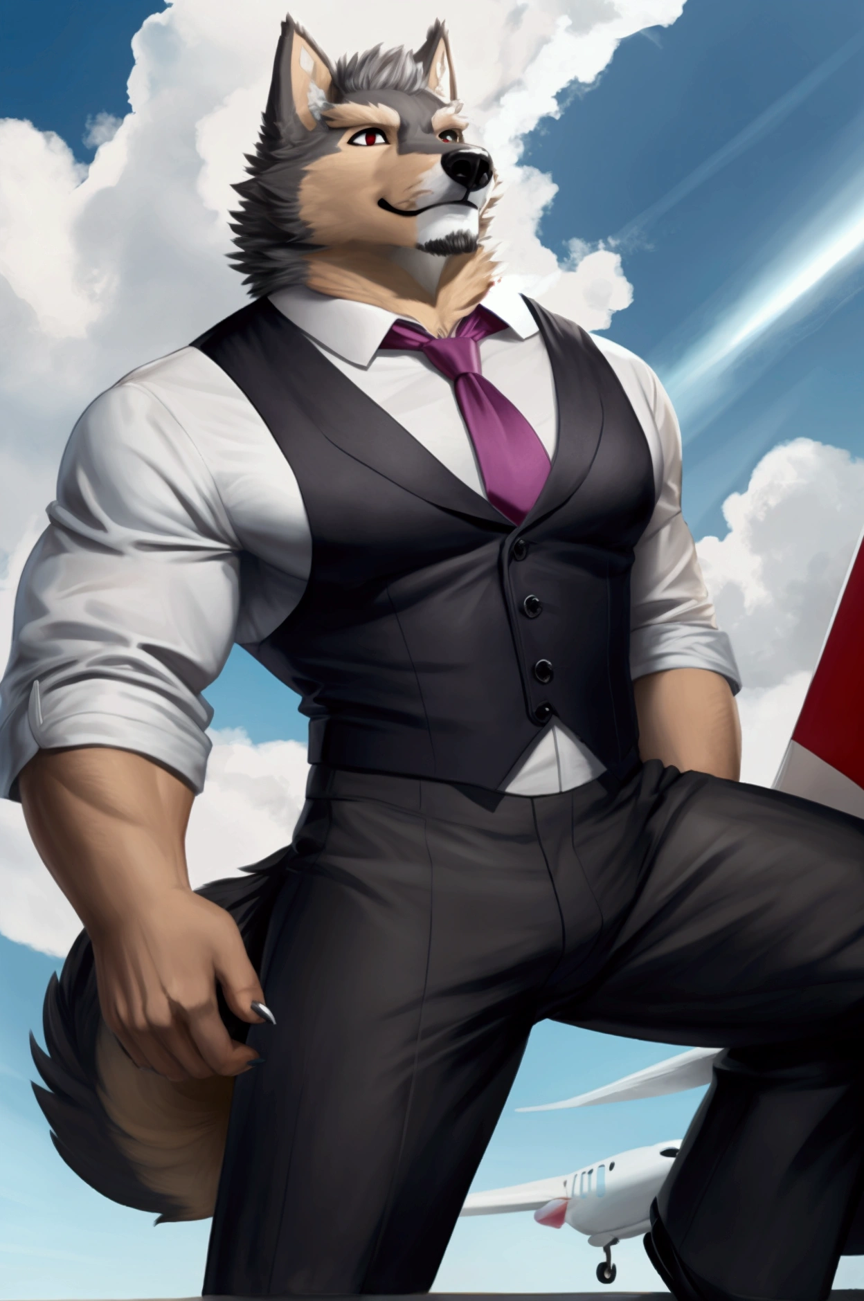 [Basic Concept] A robust individual, wolf-like, wearing an ice cream man outfit.

[character description] A robust and muscular man, with gray hair and red eyes. He has clear wolf features, including

[enviroment/Scenario] The character has a red ice cream truck as a background, suggesting a surreal and unexpected juxtaposition.

[Style and Atmosphere] The overall style has an elegant air

[Composition] The angle of the plane goes from the knee to the head, emphasizing the character&#39;s imposing and slightly elevated presence.

[Details and embellishments] The character is robust and powerful, has a wolf head, wolf's ears, wolf muzzle, sharped teeth, ice cream man clothes, has sharp claws