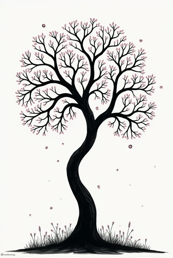 Stylized gender reveal tree, drawing style without leaves, only trunk and branches in black and white