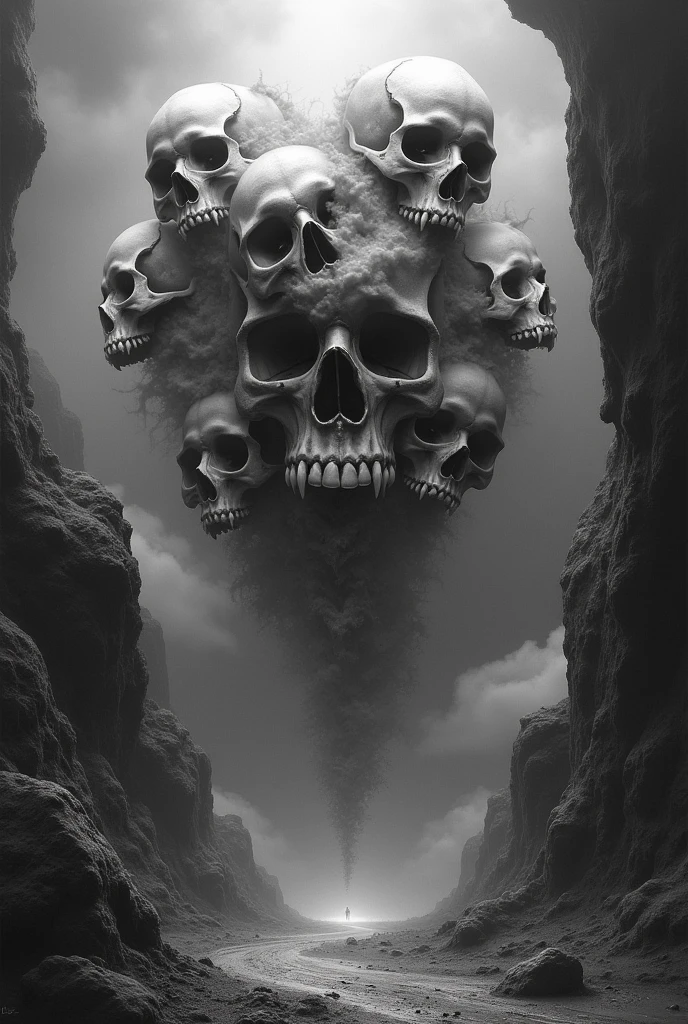 A monstrous black and white surrealist art piece featuring skulls