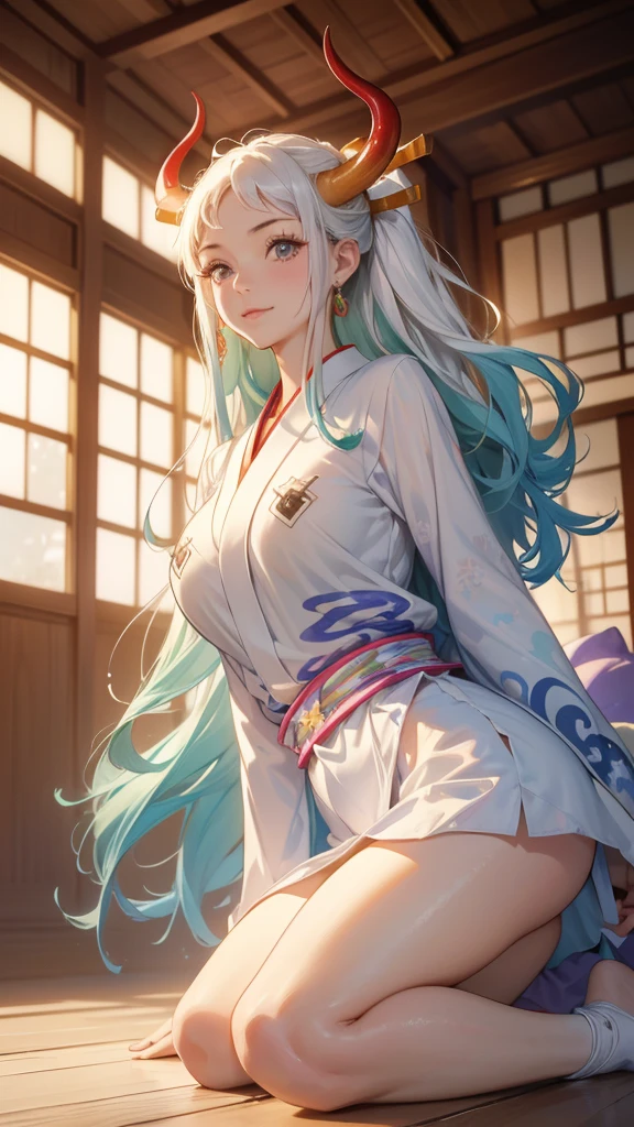 Official Art, Unity,8k wallpaper, Correct Anatomy，Very detailedな, Beautiful yet fleeting、((Two horns grow from the head))Japan、beautiful, masterpiece,((One Woman)) Highest quality,White flower, ((Large Breasts))Flower Ecstasy, Very detailed, Light blue hair、((Random々angle))Dynamic angle, ((Yamato), ((Schoolgirl uniform))The most beautiful form of chaos, ((Large Breasts)).elegant, Vibrant colors,((kimono)) Romanticism, James Jean, Robbie Dawi Anton, Ross Tran, Francis Bacon, It was very cold, Petra Cortright, Gerhard Richter, takato yamamoto, Ashley Wood, Atmospheric,((smile),((Japanese style))((Japanese-style room))