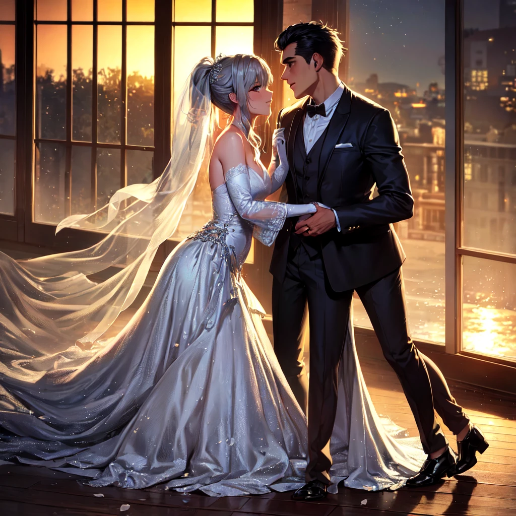 masterpiece, Best quality, masterpiece, Best quality, masterpiece, Best quality, masterpiece, Best quality, high quality, detail_skin, Beatifull_hair, detail_hair, Detailedface, Beatifull_hands, hands_detail, High detail, Ultra detail, HD, 4k, 4280x2240, depth field, (HDR:1.9), Correct anatomy, a masculine boy with short hair black hair abundant brown eyes with full wedding suit from groom to gentleman's suit and Palto flu pants and a girl with very long hair messy hair curly hair wavy hair (((silver hair))) high ponytail with yellow eyes in wedding dress, Dream wedding dress. love. Hand in hand looking at the New Year's sunset sunrise while kissing at church wedding with wedding rings on boy finger and wedding rings on girl finger and smiles, detail, ultra-detail, correct_position, correct_texture, correct_colors, correct_shading, correct_cgi, correct_body, correct_anatomy, correct_proportion, (correct_complete_body), source_anime,score_6_up,score_7_up,score_8_up,score_9, (Beautiful eyes), (detail_eyes), Eyesclothing cutout, veil,see-through,wide sleeves, white leotard,long sleeves,frilled sleeves,frills,bridal veil, Fur trim weddings dress,fur dress,fur trim, elegant,full body, fur trim elbow gloves,fur trim hem, Romántica style sleve, ,EasyNegative_pt , beatifull_detail,