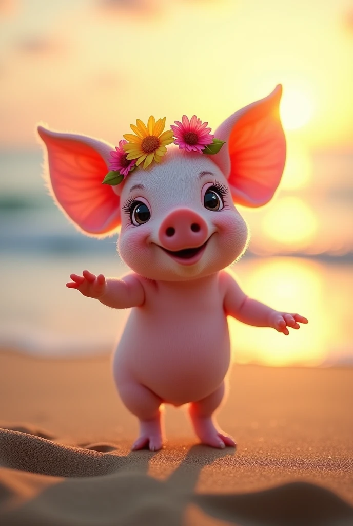 A cute little pig dancing on the beach., beautiful detailed eyes, beautiful detailed lips, extremely detailed eyes and face, long eyelashes, little pig with flower crown, little pig dancing with joy, vibrant colors, dynamic movement, serene ocean backdrop, golden sunset lighting, cinematographic composition, (Best Quality,4k,8k,High resolution,masterpiece:1.2),ultra detailed,(realist,photorealist,photo-realist:1.37),vivid colors,studio lighting